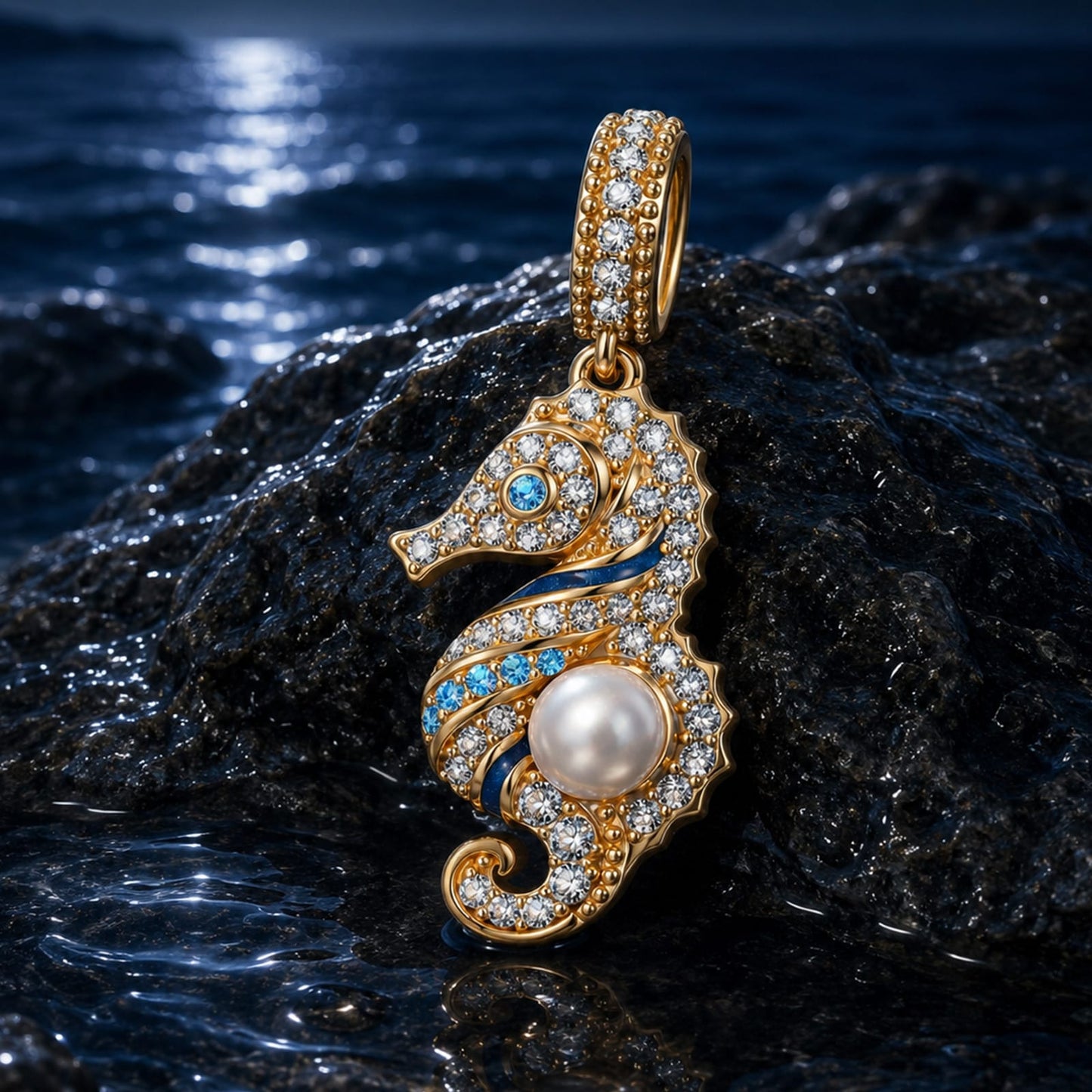 Seahorse Pearl Dangle Charm, Blue Enamel & Paved Design Bead in Tarnish-Resistant Silver
