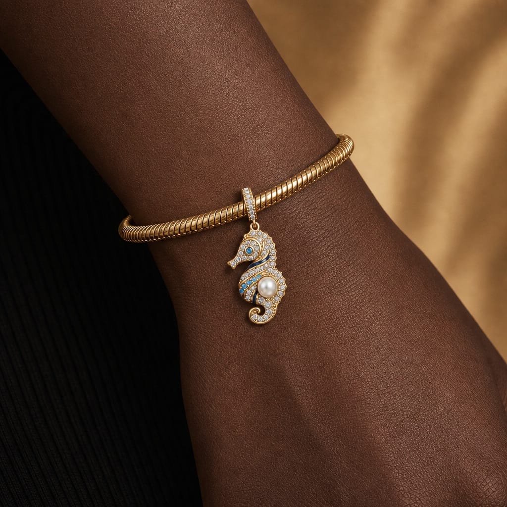 Seahorse Pearl Dangle Charm, Blue Enamel & Paved Design Bead in Tarnish-Resistant Silver