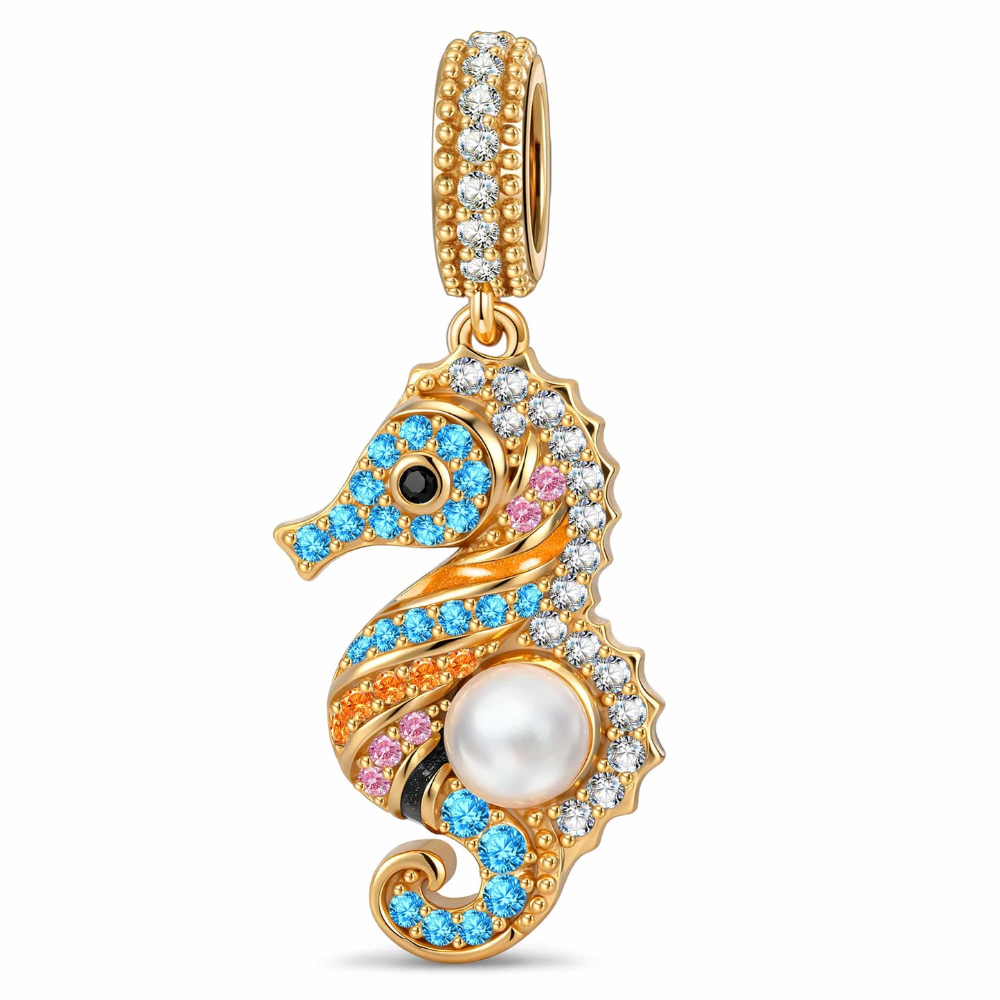 Volcanic Shore Multicolor Pavé Seahorse Pearl Dangle Charm in Tarnish-Resistant Silver