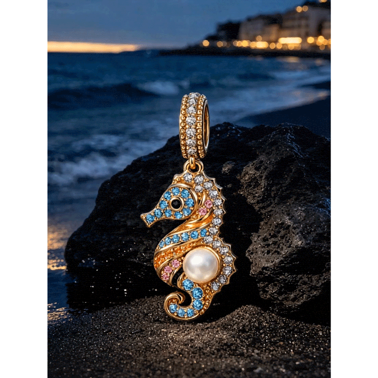 Volcanic Shore Multicolor Pavé Seahorse Pearl Dangle Charm in Tarnish-Resistant Silver