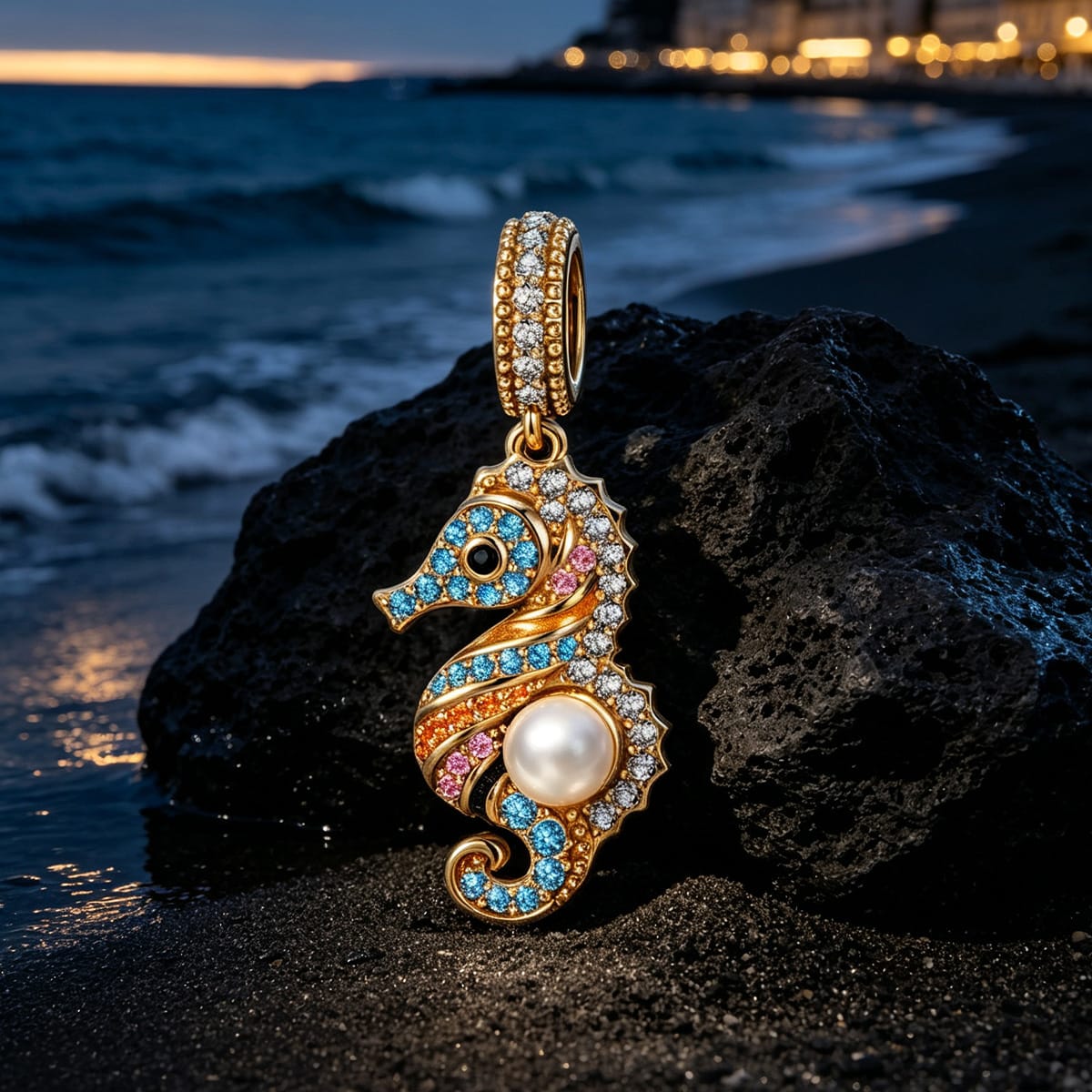 Volcanic Shore Multicolor Pavé Seahorse Pearl Dangle Charm in Tarnish-Resistant Silver