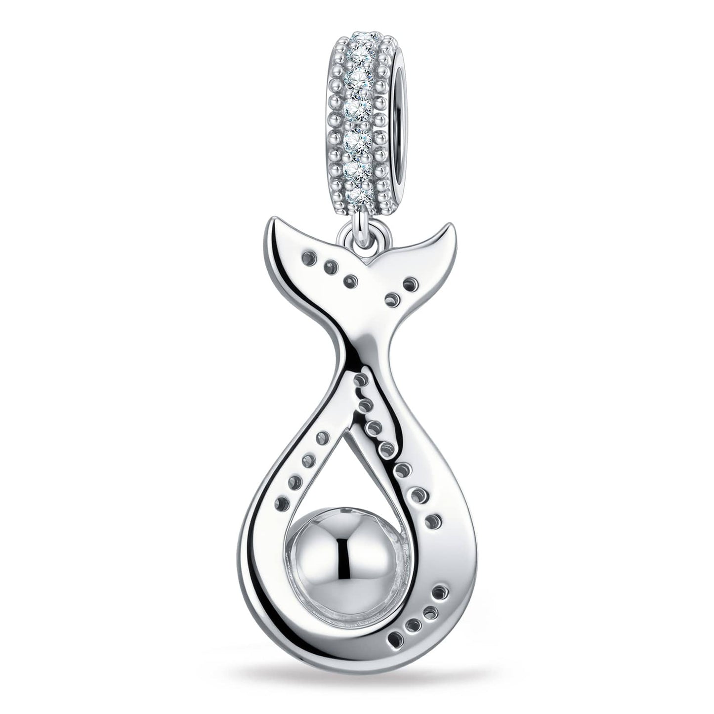 Azure Siren Dangle Mermaid‑Tail Enamel Dangle Charm With Pavé Crystal & Freshwater Pearl in Tarnish‑Resistant Silver