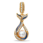 Azure Siren Mermaid Tail Pearl Enamel Dangle Charm With Pavé Crystal & Freshwater Pearl in Tarnish‑Resistant Silver