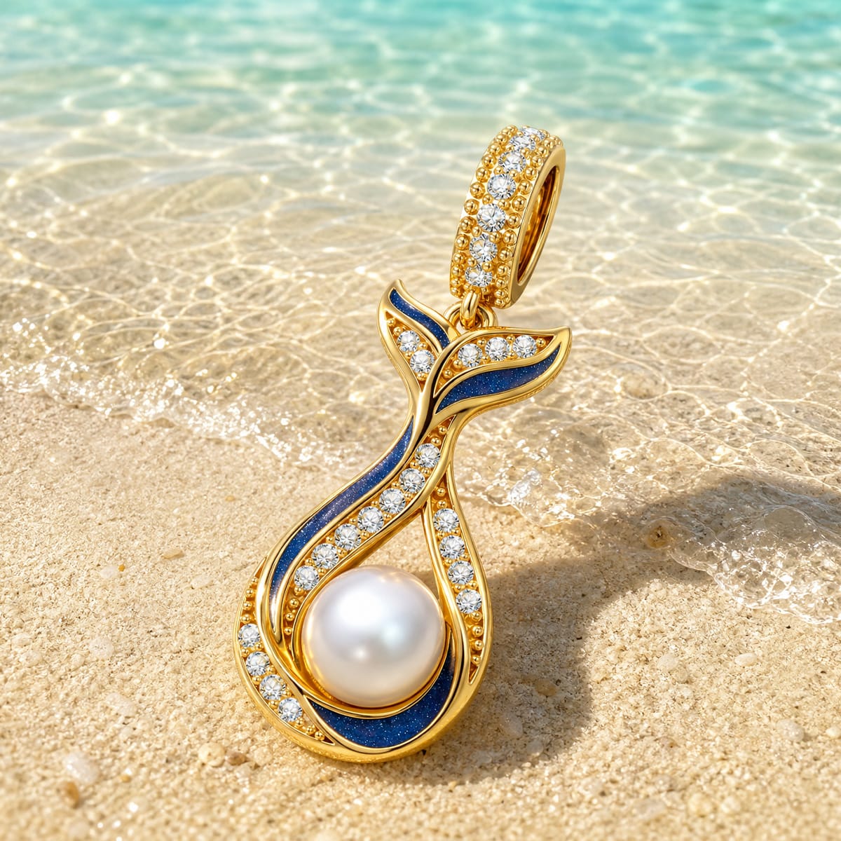 Azure Siren Mermaid Tail Pearl Enamel Dangle Charm With Pavé Crystal & Freshwater Pearl in Tarnish‑Resistant Silver
