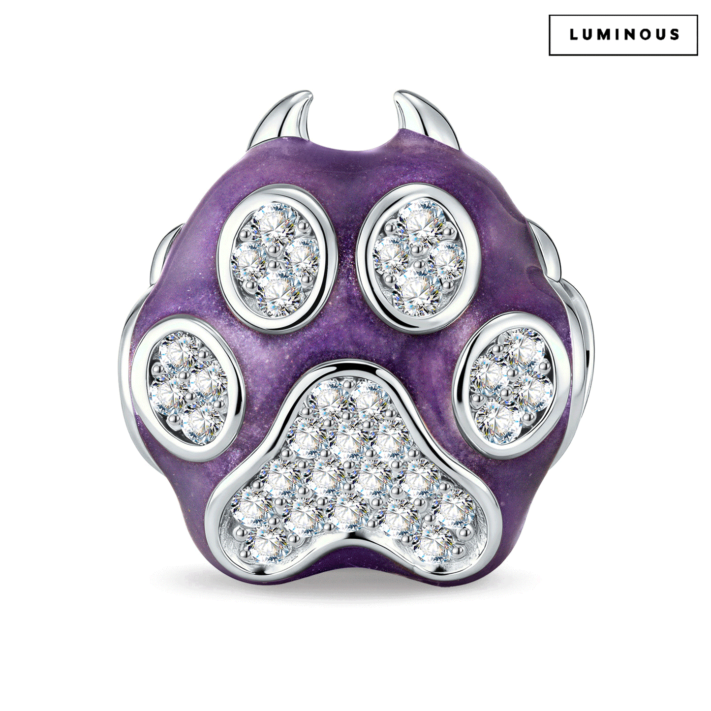 Mischievous Paw Glow-in-the-Dark Purple Enamel & Pavé Crystal Charm Bead in Tarnish-Resistant Silver