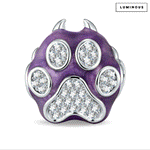 Mischievous Paw Glow-in-the-Dark Purple Enamel & Pavé Crystal Charm Bead in Tarnish-Resistant Silver