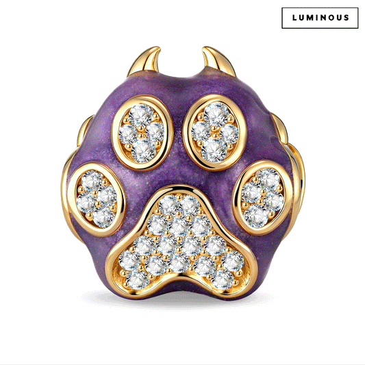 gona- Mischievous Paw Glow-in-the-Dark Purple Enamel & Clear Pavé-Set Charm Bead in Tarnish-Resistant Silver