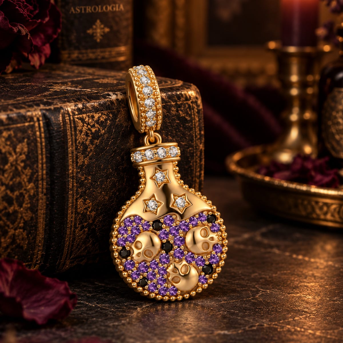 Halloween Skull-Filled Magic Potion Bottle Double-Sided Dangle Charm in Tarnish-Resistant Silver