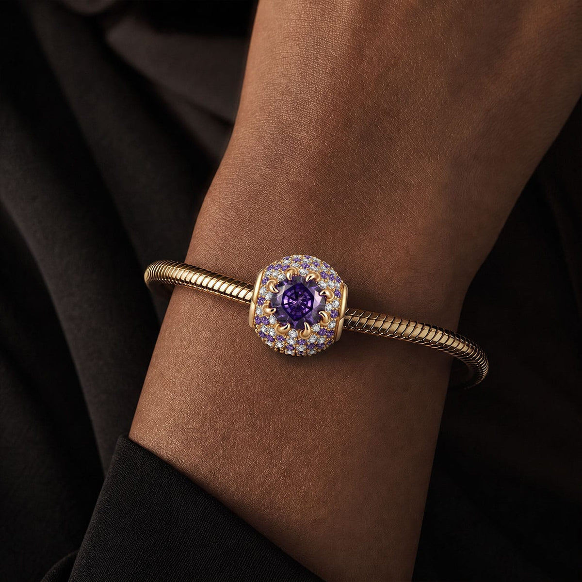 Royal Radiance Amethyst & Pavé Halo Charm Bead in Tarnish-Resistant Silver
