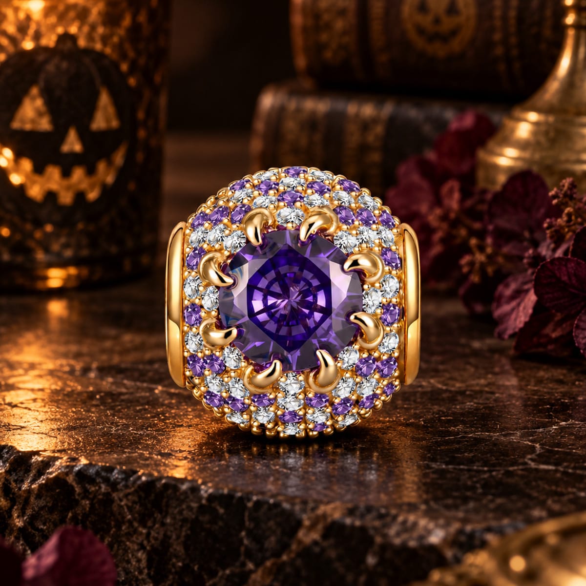 Royal Radiance Amethyst & Pavé Halo Charm Bead in Tarnish-Resistant Silver
