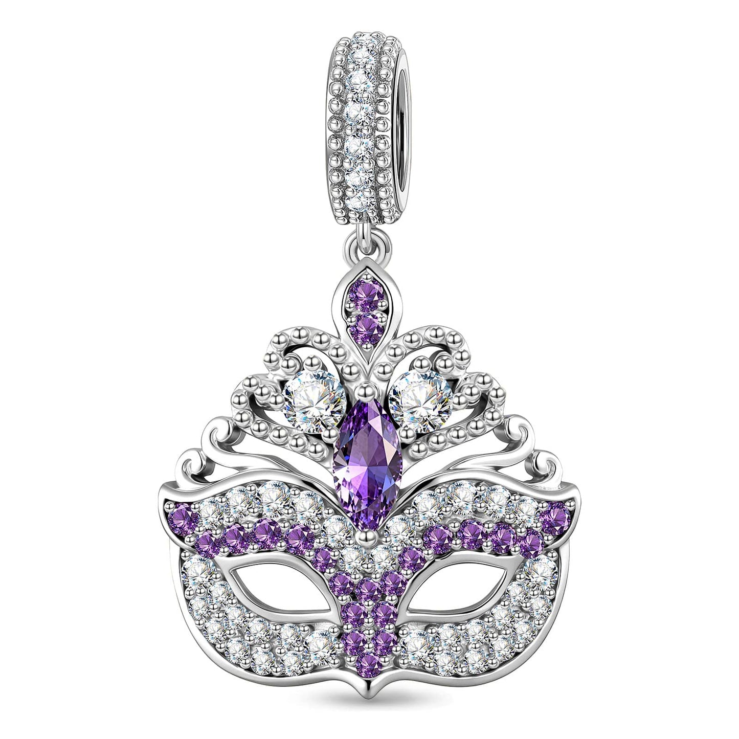 Royal Masquerade Purple & Clear Pavé-Set Mask Dangle Charm in Tarnish-Resistant Silver