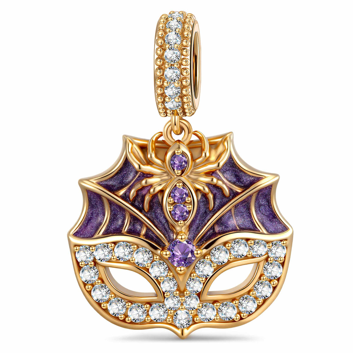 Spider‑Web Mask Pavé Enamel Dangle Charm In Tarnish‑Resistant Silver