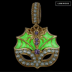 Halloween Glow-in-the-Dark Enamel & Pavé Spiderweb Masquerade Mask Dangle Charm in Tarnish-Resistant Silver