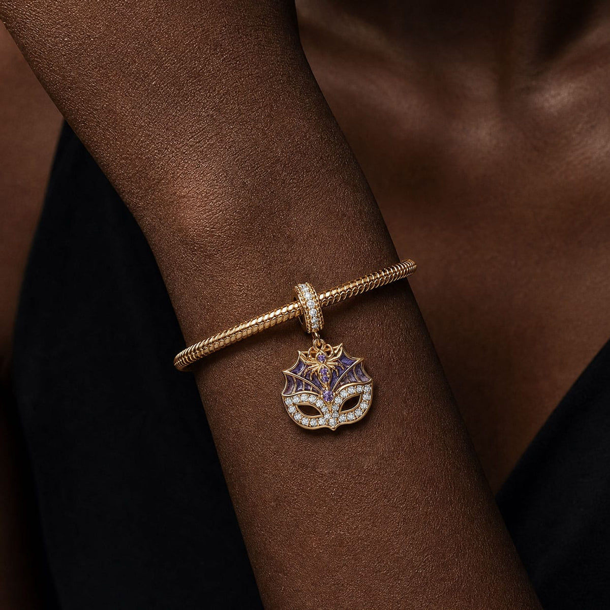 Halloween Glow-in-the-Dark Enamel & Pavé Spiderweb Masquerade Mask Dangle Charm in Tarnish-Resistant Silver