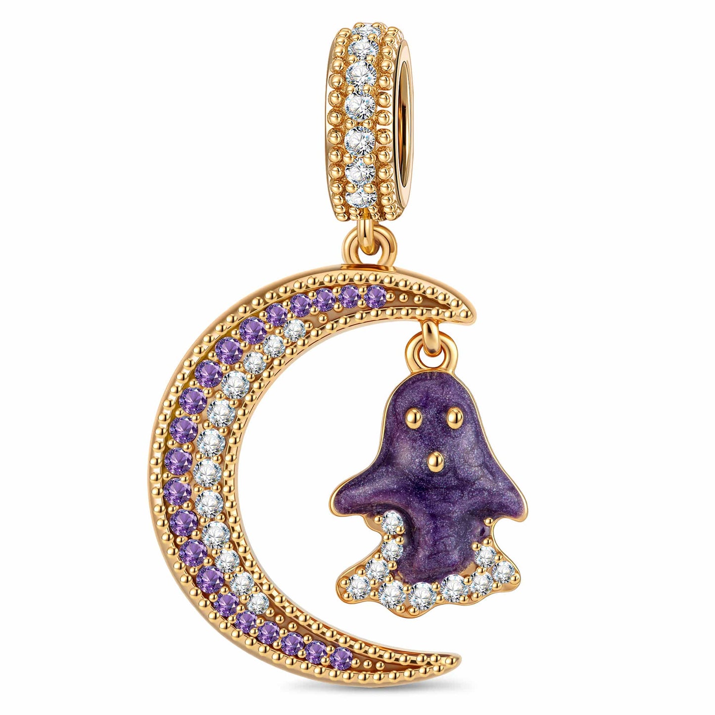 Crescent Moon Ghost Pavé Enamel Dangle Charm In Tarnish‑Resistant Silver