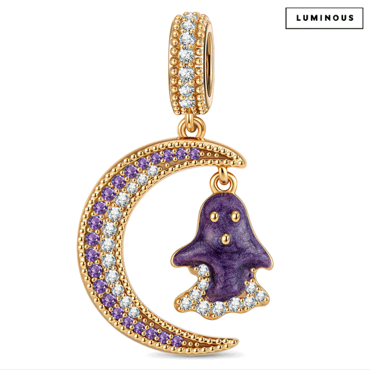 gona- Halloween Glow-in-the-Dark Enamel Ghost & Pavé Crescent Moon Dangle Charm in Tarnish-Resistant Silver