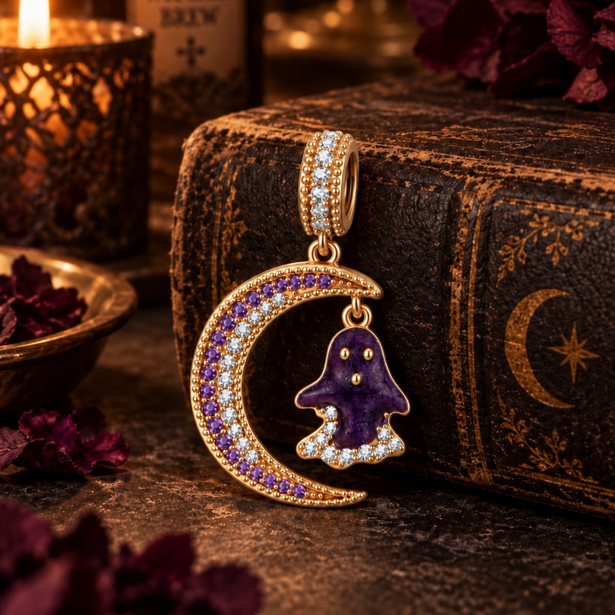 Halloween Glow-in-the-Dark Enamel Ghost & Pavé Crescent Moon Dangle Charm in Tarnish-Resistant Silver