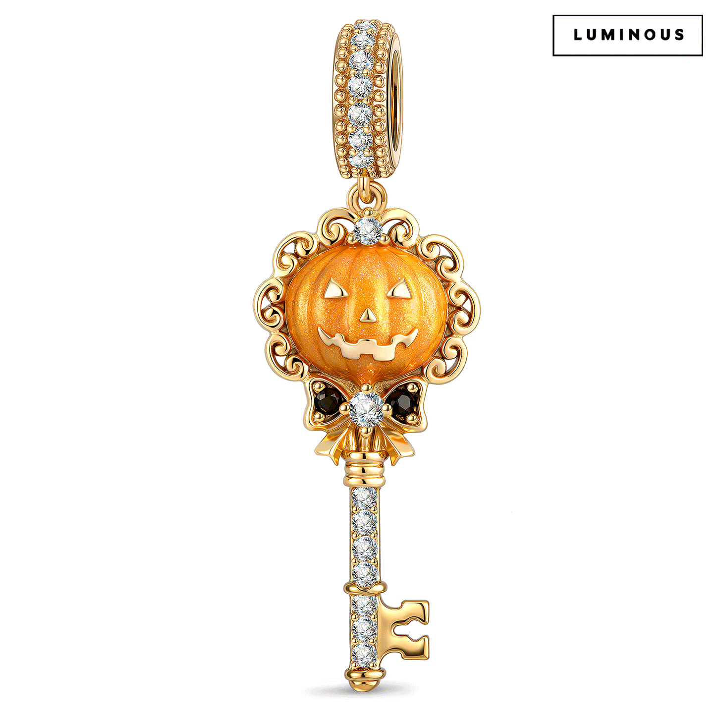 Halloween Glow-in-the-Dark Jack-o’-Lantern & Pavé Key Dangle Charm in Tarnish-Resistant Silver