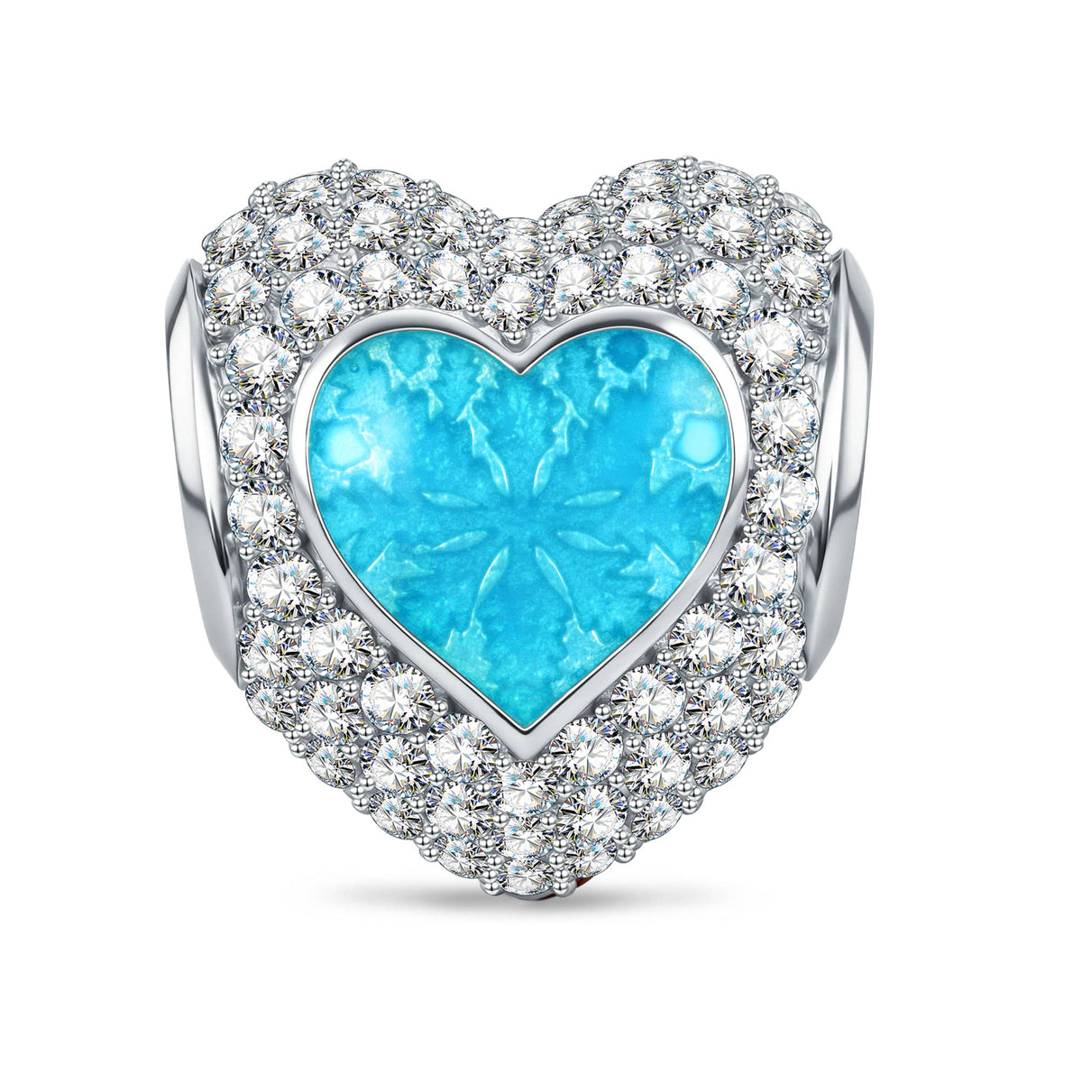 Heart-Shaped Frosted Snowflake Enamel Bead Charm In Tarnish-Resistant Silver