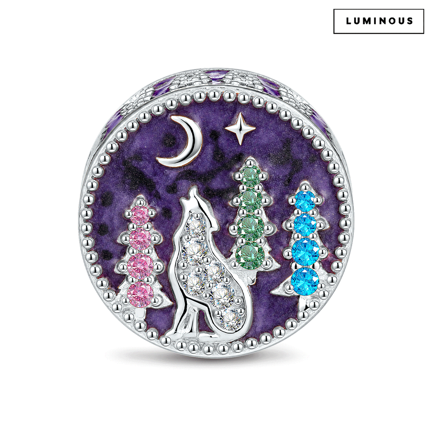 Luminous Moonlit Wolf Enchanted Forest Charm Bead In Tarnish-Resistant Silver