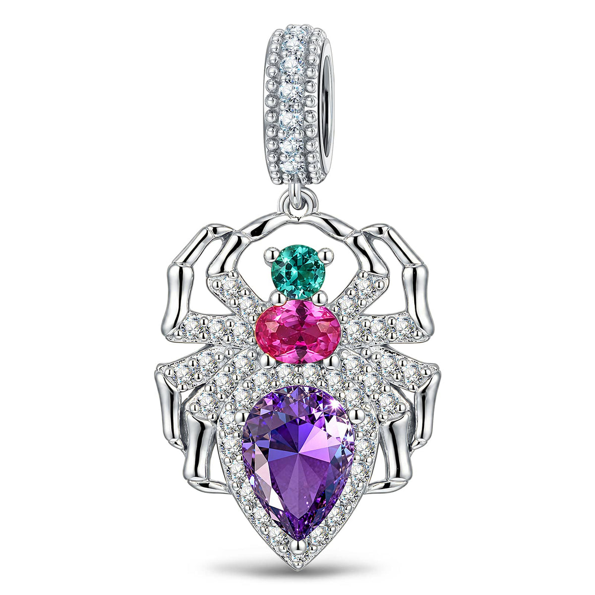 Halloween Multicolor Stone & Pavé Spider Dangle Charm In Tarnish-Resistant Silver