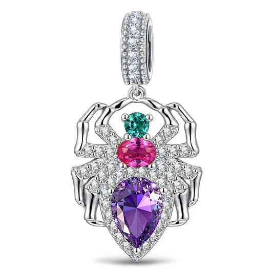 gona- Halloween Multicolor Stone & Pavé Spider Dangle Charm In Tarnish-Resistant Silver