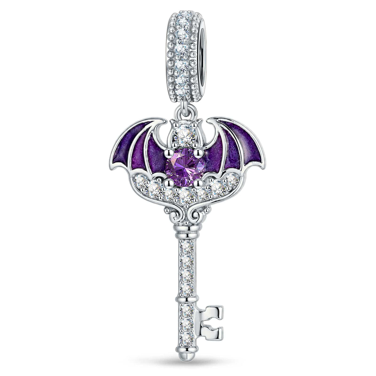 Luminous Purple Bat-Wing Key Dangle Charm In Tarnish-Resistant Silver
