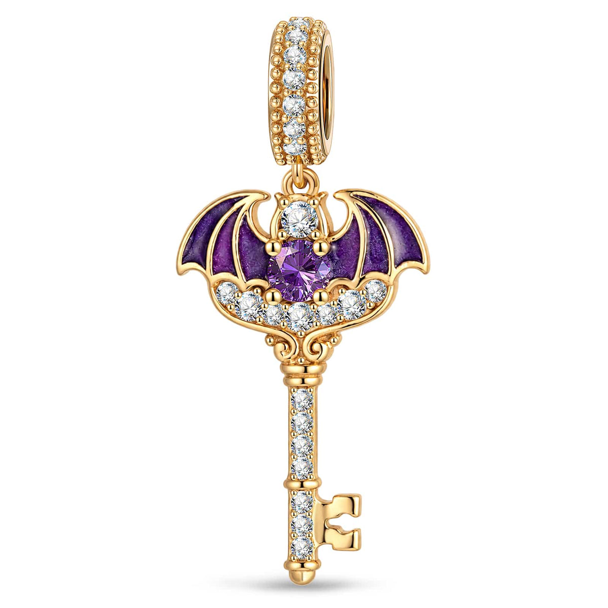 Luminous Purple Bat-Wing Key Dangle Charm In Tarnish-Resistant Silver