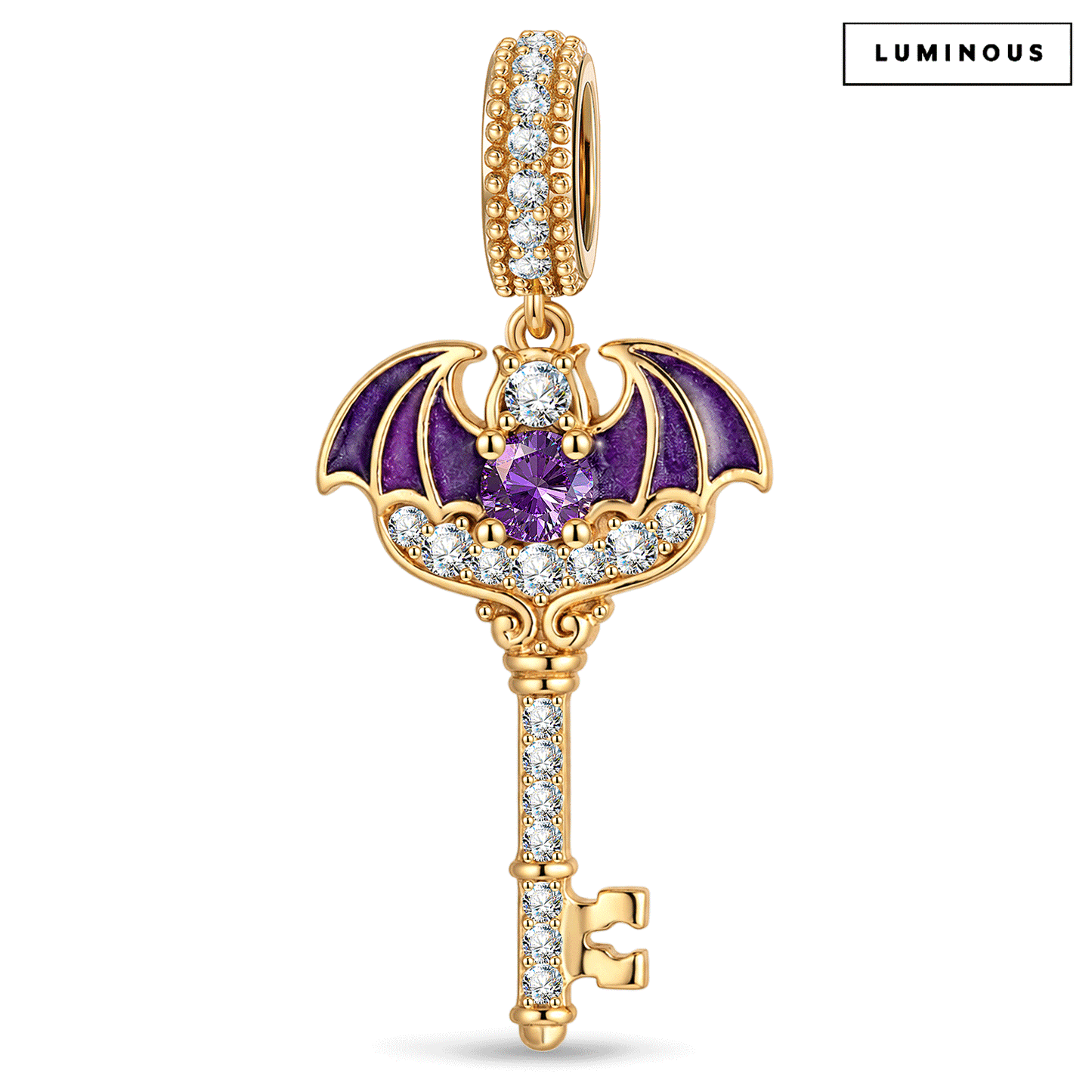 Luminous Purple Bat-Wing Key Dangle Charm In Tarnish-Resistant Silver