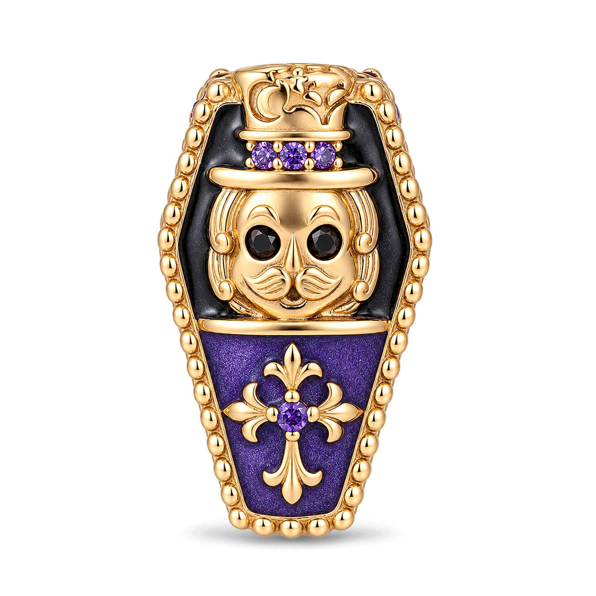 Luminous Purple Enamel Double-Sided Gentleman Skull & Purple Pavé Fleur-de-Lis Coffin Charm in Tarnish-Resistant Silver