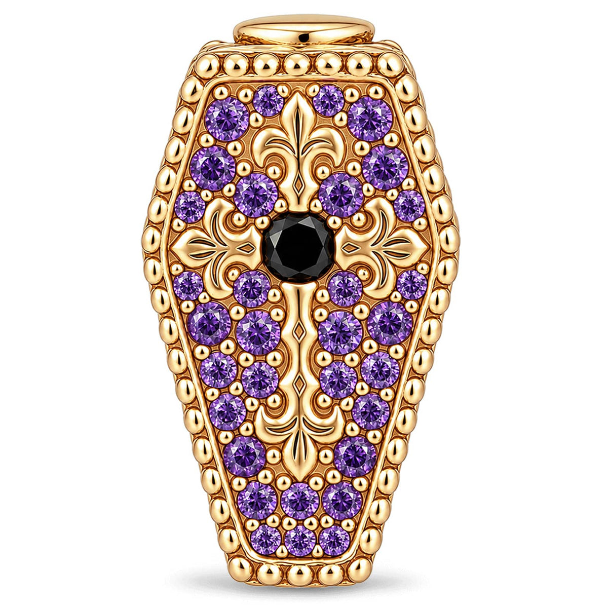 Luminous Purple Enamel Double-Sided Gentleman Skull & Purple Pavé Fleur-de-Lis Coffin Charm in Tarnish-Resistant Silver