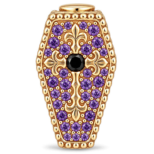 gona- Luminous Purple Enamel Double-Sided Gentleman Skull & Purple Pavé Fleur-de-Lis Coffin Charm in Tarnish-Resistant Silver