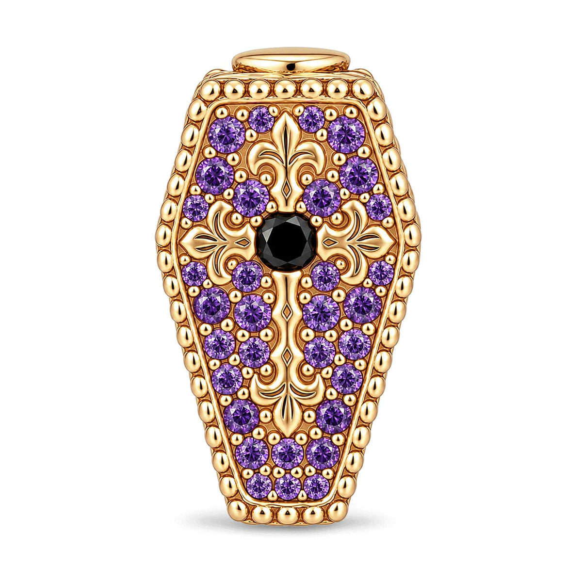 Luminous Purple Enamel Double-Sided Gentleman Skull & Purple Pavé Fleur-de-Lis Coffin Charm in Tarnish-Resistant Silver