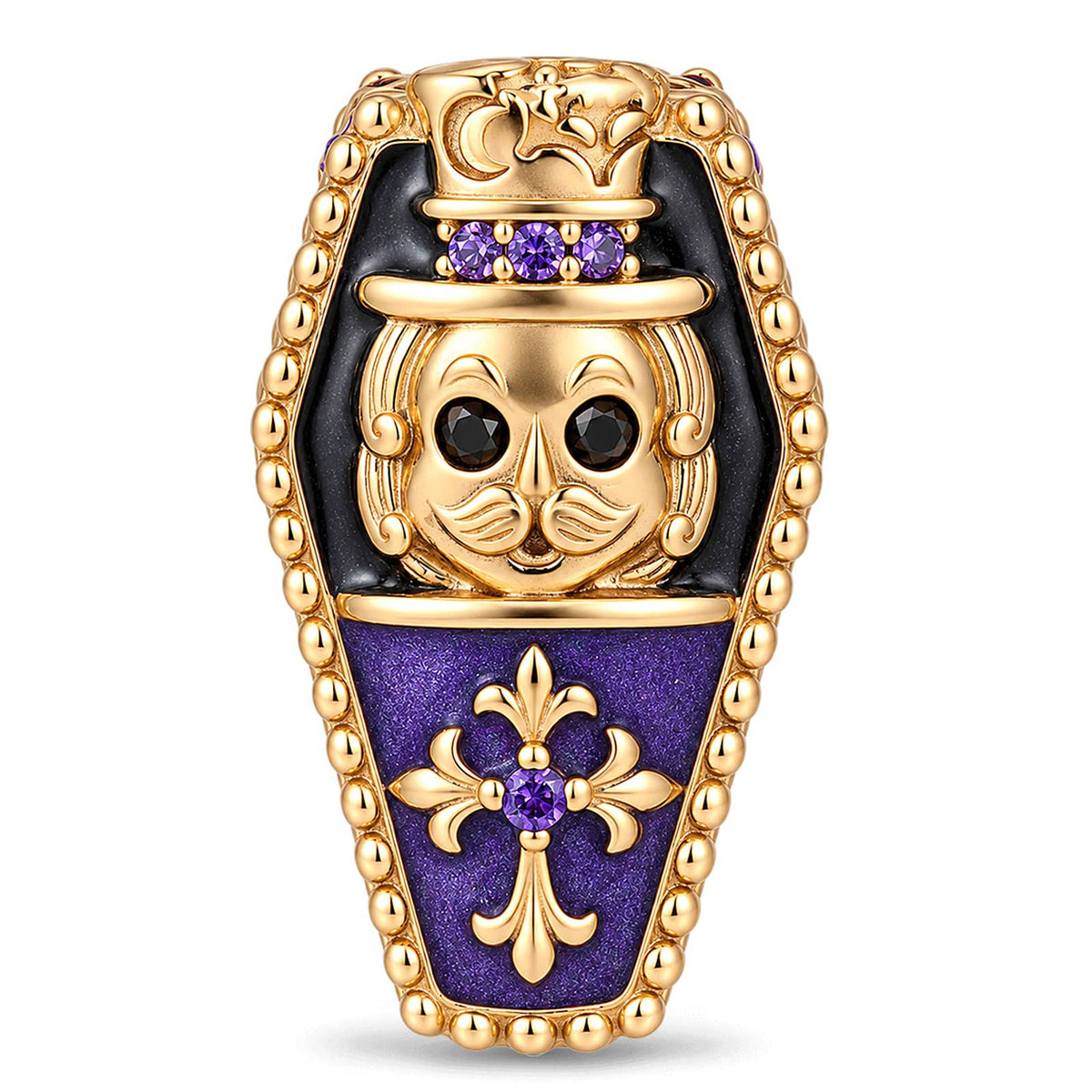 Luminous Purple Enamel Double-Sided Gentleman Skull & Purple Pavé Fleur-de-Lis Coffin Charm in Tarnish-Resistant Silver