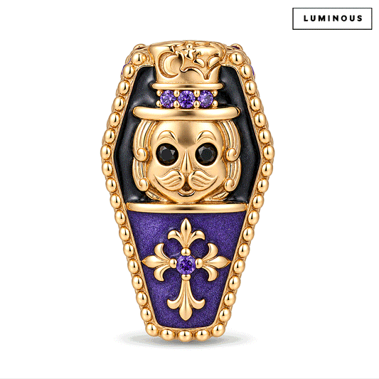 gona- Luminous Purple Enamel Double-Sided Gentleman Skull & Purple Pavé Fleur-de-Lis Coffin Charm in Tarnish-Resistant Silver