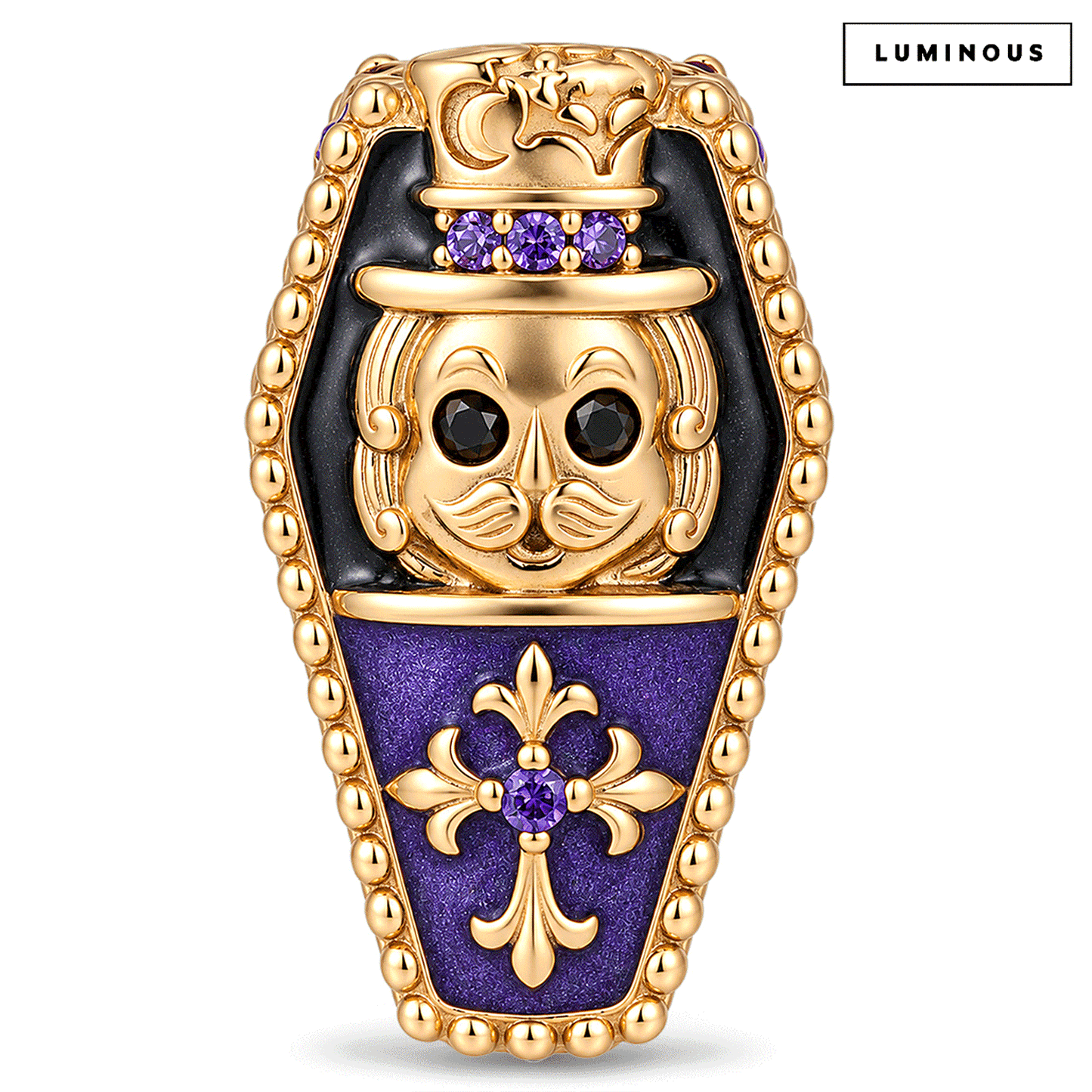 Luminous Purple Enamel Double-Sided Gentleman Skull & Purple Pavé Fleur-de-Lis Coffin Charm in Tarnish-Resistant Silver
