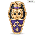 Luminous Purple Enamel Double-Sided Gentleman Skull & Purple Pavé Fleur-de-Lis Coffin Charm in Tarnish-Resistant Silver