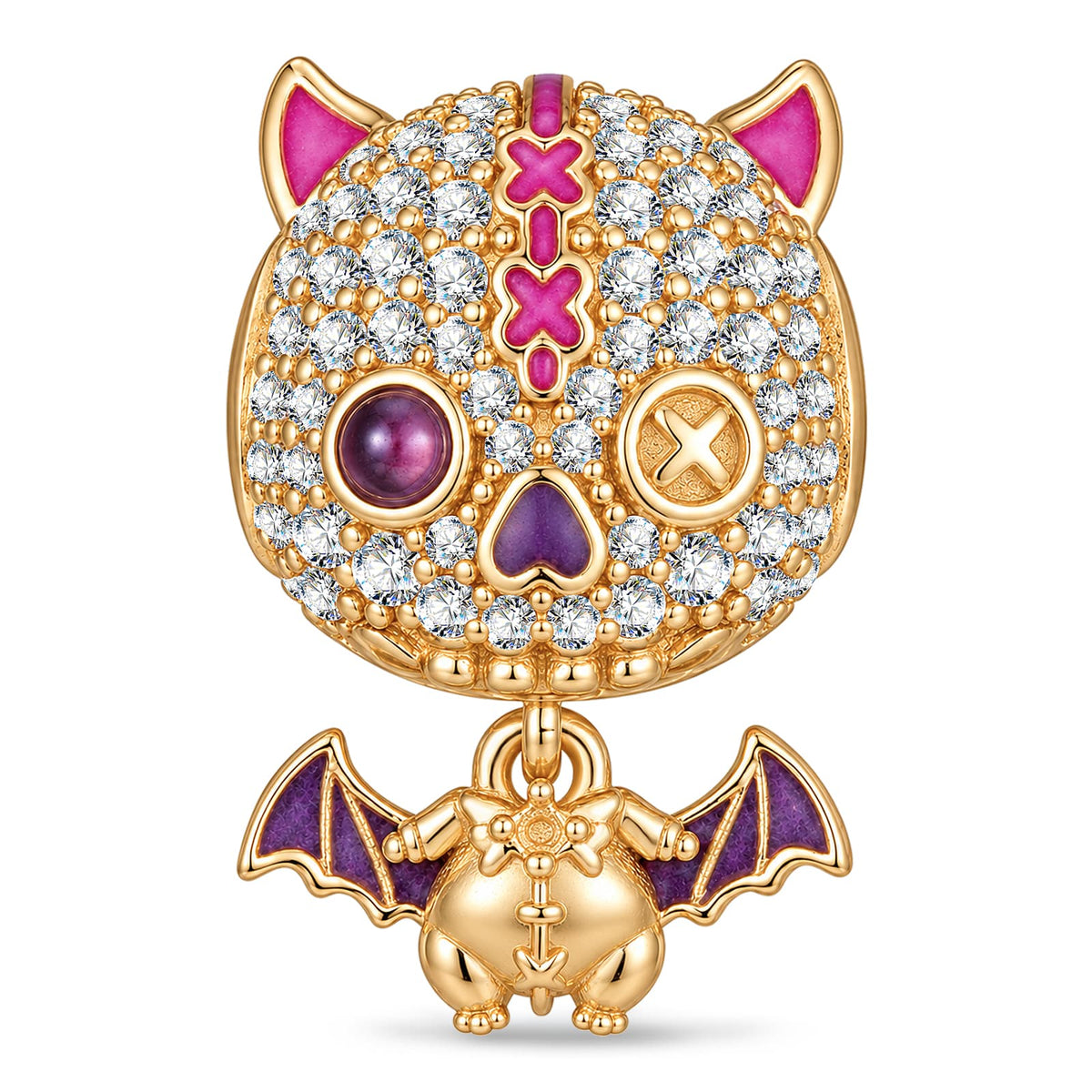 Luminous Voodoo Cat & Vampire Bat Dangle Charm In Tarnish-Resistant Silver