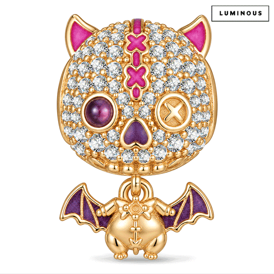gona- Luminous Voodoo Cat & Vampire Bat Dangle Charm In Tarnish-Resistant Silver