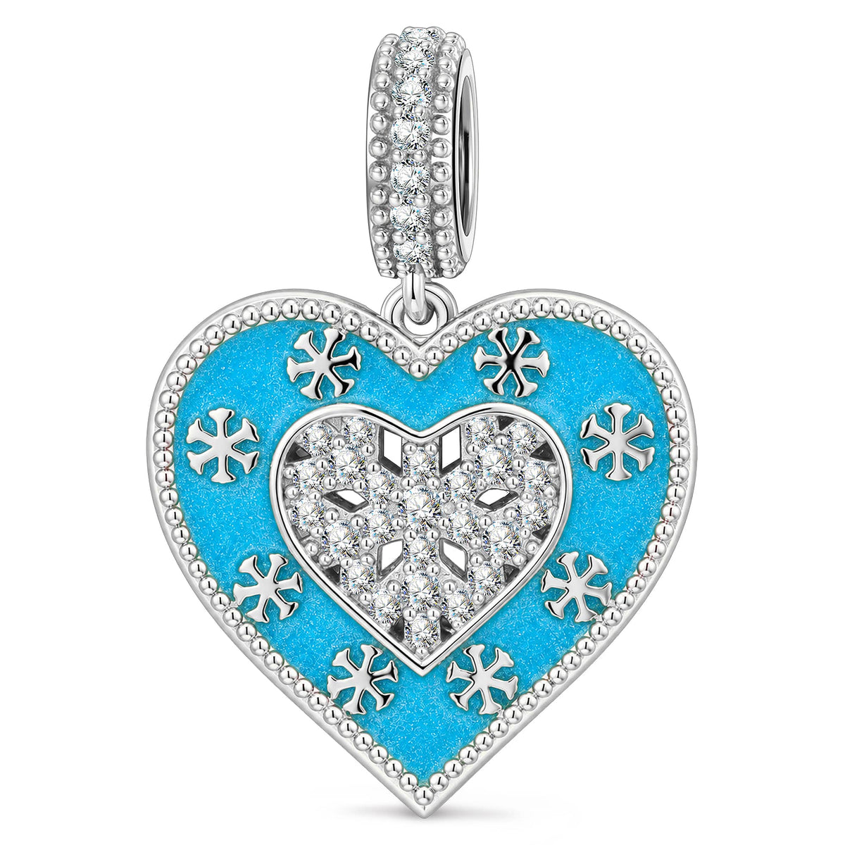 Winter Love Blue Enamel Snowflake & Pavé Heart Dangle Charm In Tarnish-Resistant Silver