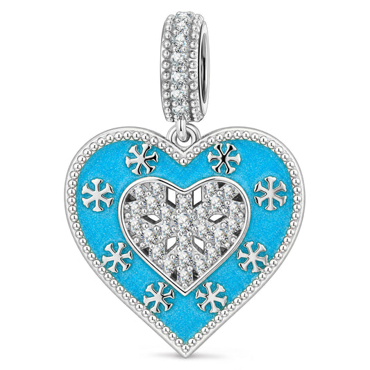 gona- Winter Love Blue Enamel Snowflake & Pavé Heart Dangle Charm In Tarnish-Resistant Silver