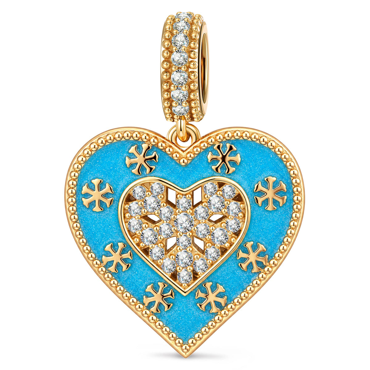 Winter Love Blue Enamel Snowflake & Pavé Heart Dangle Charm In Tarnish-Resistant Silver