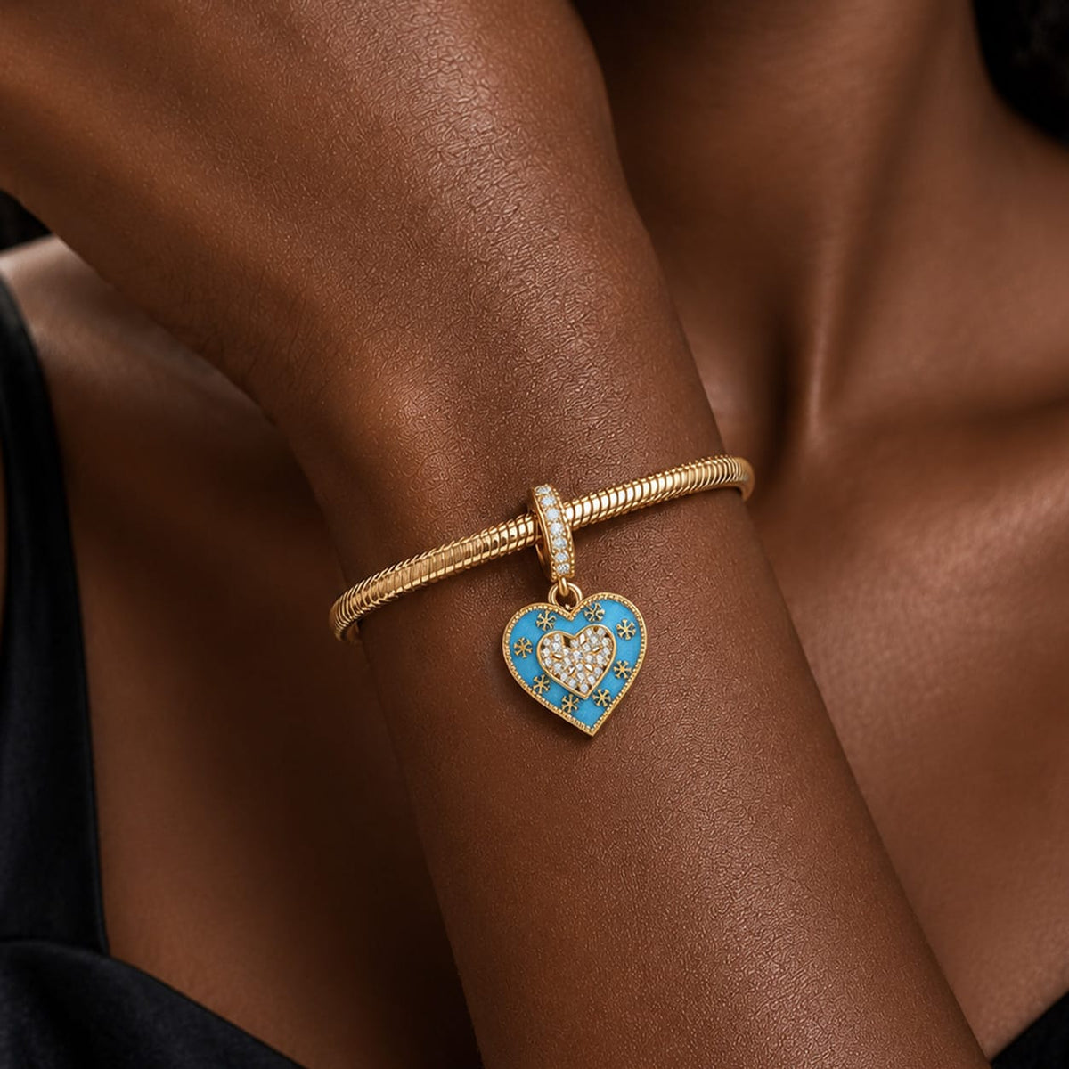 Winter Love Blue Enamel Snowflake & Pavé Heart Dangle Charm In Tarnish-Resistant Silver
