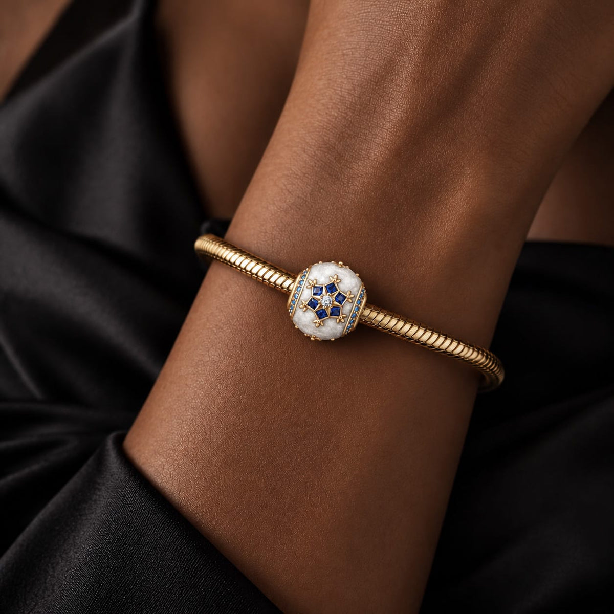 Winter Frost Blue Snowflake Pearlescent Enamel & Pavé Charm Bead In Tarnish-Resistant Silver