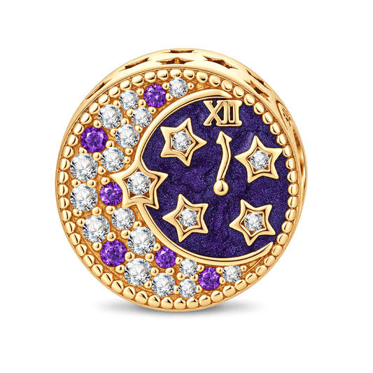 gona- Midnight Clock Moon & Stars Purple Enamel & Pavé Charm Bead In Tarnish-Resistant Silver
