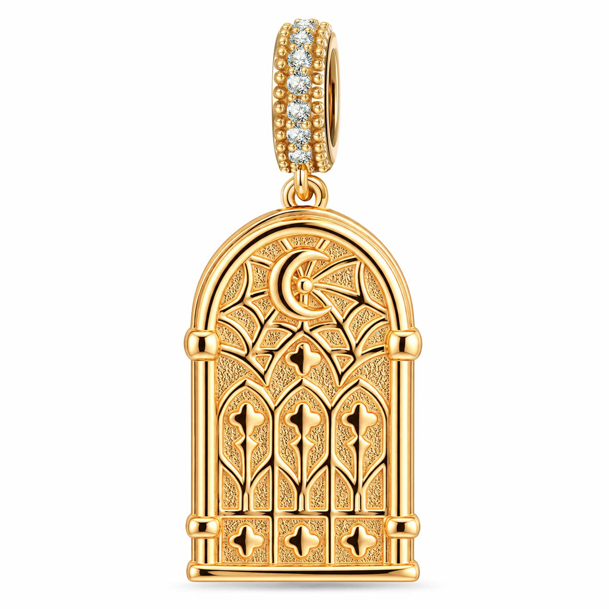 Halloween Mummy & Crescent Moon Spiderweb Gothic Window Double-Sided Dangle Charm In Tarnish-Resistant Silver
