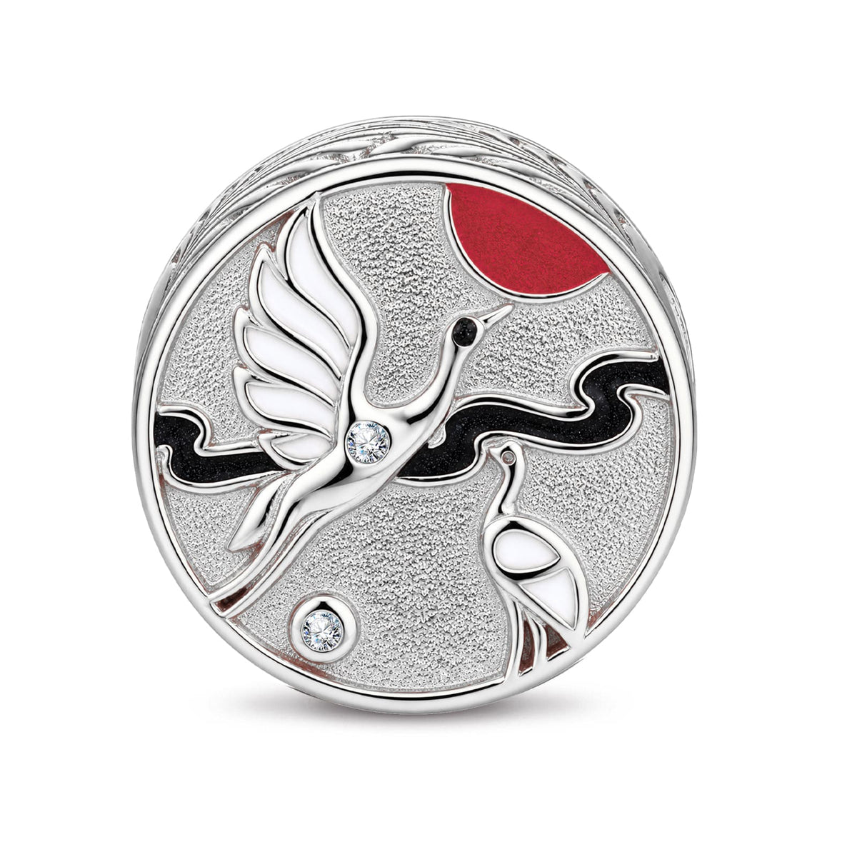 Day & Night Crane and Feather Double-Sided Medallion Charm Bead In Tarnish-Resistant Silver