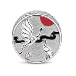 Day & Night Crane and Feather Double-Sided Medallion Charm Bead In Tarnish-Resistant Silver
