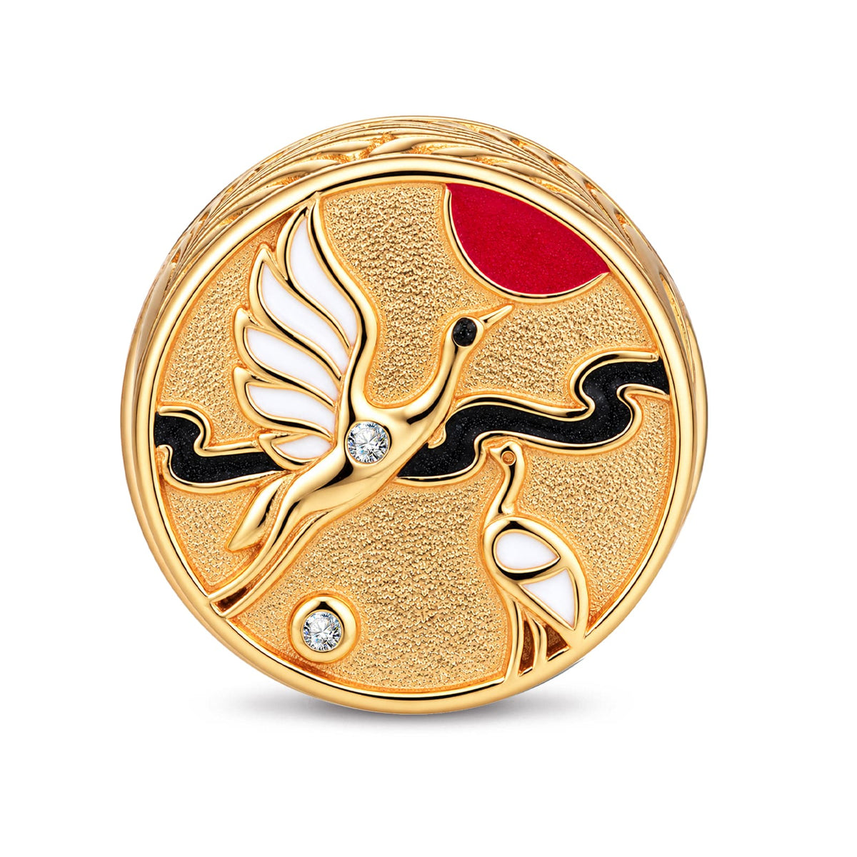 Day & Night Crane and Feather Double-Sided Medallion Charm Bead In Tarnish-Resistant Silver