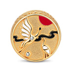 Day & Night Crane and Feather Double-Sided Medallion Charm Bead In Tarnish-Resistant Silver